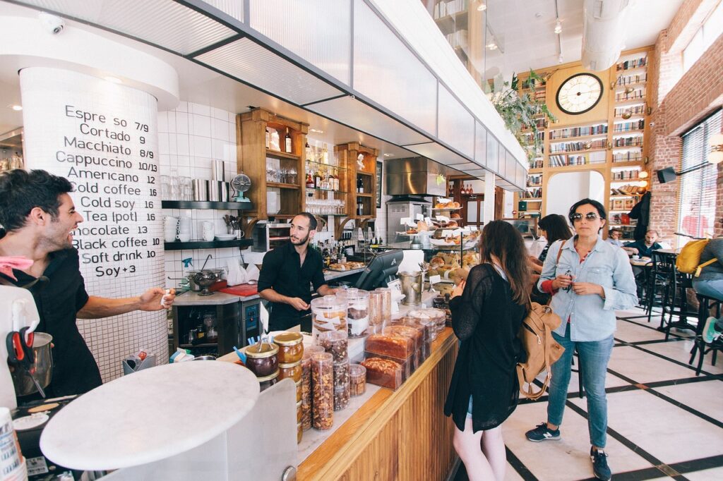 business, establishments, shops, coffee, cafe, pastry, menu, counter, tables, chairs, employees, cafe, cafe, counter, counter, counter, counter, counter, employees, employees, employees, employees